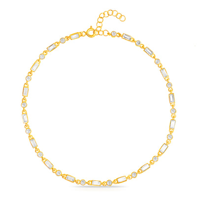 Round & Baguette Cubic Zirconia Long Link Bracelet / Anklet in Yellow Gold Plated Sterling Silver
