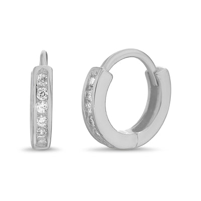 Channel Set Cubic Zirconia Extra Small Hoop Earrings in Rhodium Plated Sterling Silver
