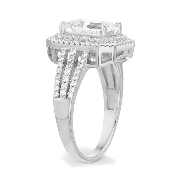 Emerald Cut Cubic Zirconia  Engagement Halo Ring in Rhodium Plated Silver