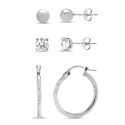 Sterling Silver 3 Pair Earring Set Ball Studs / CZ Studs / Diamond Cut Hoop Earrings