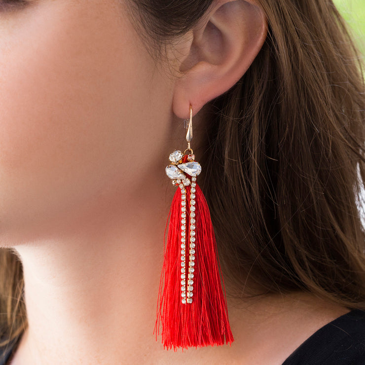 Catherine Malandrino Rhinestone Long Fringe Dangling Earrings (Multiple Color Options)