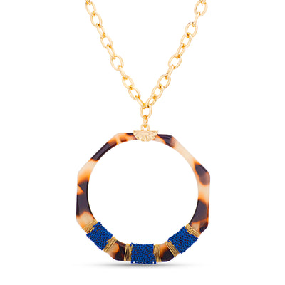 Catherine Malandrino Brown Simulated Tortoise Shell Blue Wrapped Cord Circle Necklace