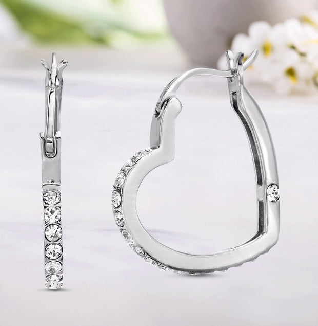 Crystal Heart Shape Hinge Earrings in Rhodium Plated Sterling Silver