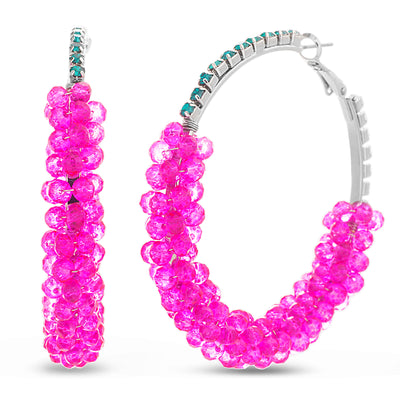 Kensie Silver-Tone Pink Beaded Blue Rhinestone Hoop Earrings