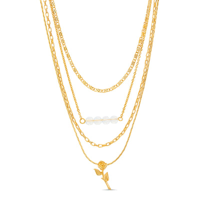Kensie Yellow Gold-Toned Rose and Beaded Bar Pendant Layered Chain Necklace