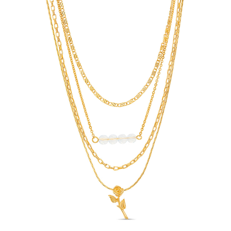 Kensie Yellow Gold-Toned Rose and Beaded Bar Pendant Layered Chain Necklace