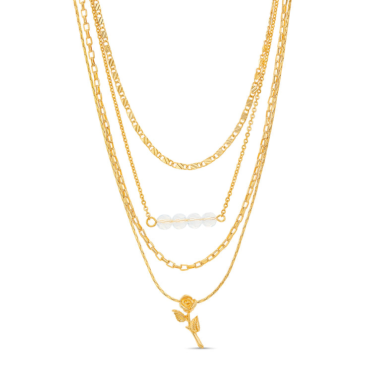 Kensie Yellow Gold-Toned Rose and Beaded Bar Pendant Layered Chain Necklace