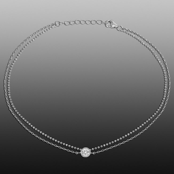 Bezel Set Cubic Zirconia Bead Chain Anklet for Women in Rhodium Plated Sterling Silver