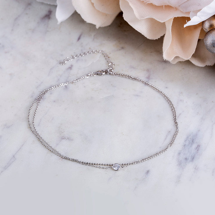 Bezel Set Cubic Zirconia Bead Chain Anklet for Women in Rhodium Plated Sterling Silver