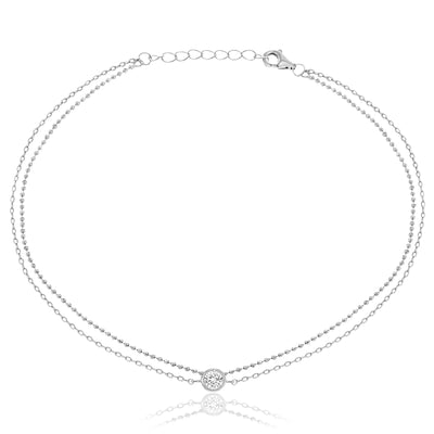 Bezel Set Cubic Zirconia Bead Chain Anklet for Women in Rhodium Plated Sterling Silver