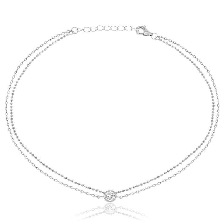 Bezel Set Cubic Zirconia Bead Chain Anklet for Women in Rhodium Plated Sterling Silver