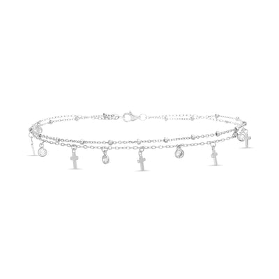 Cubic Zirconia Cross Charm Double Row Anklet in Rhodium Plated Sterling Silver