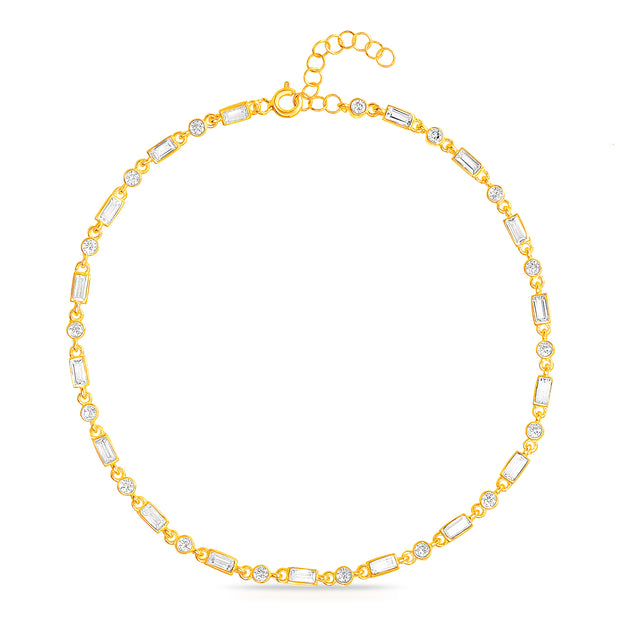 Round & Baguette Cubic Zirconia Long Link Bracelet / Anklet in Yellow Gold Plated Sterling Silver