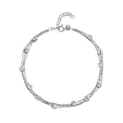 Cubic Zirconia Multi Layer Chain Anklet for Women in Rhodium Plated Sterling Silver