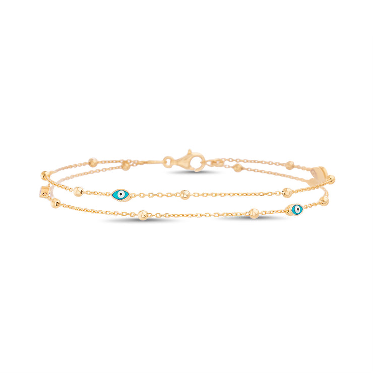 Navy Evil Eye Double Stranded Bead Chain Anklet in Rhodium or Yellow Gold Plated Sterling Silver