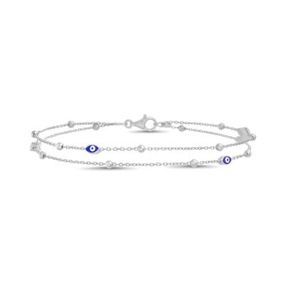 Navy Evil Eye Double Stranded Bead Chain Anklet in Rhodium or Yellow Gold Plated Sterling Silver