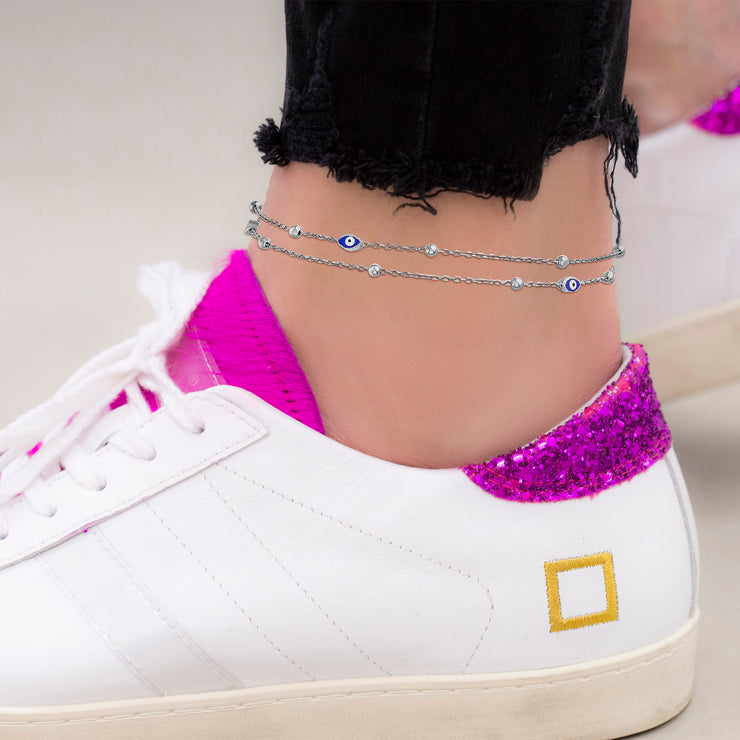 Navy Evil Eye Double Stranded Bead Chain Anklet in Rhodium or Yellow Gold Plated Sterling Silver