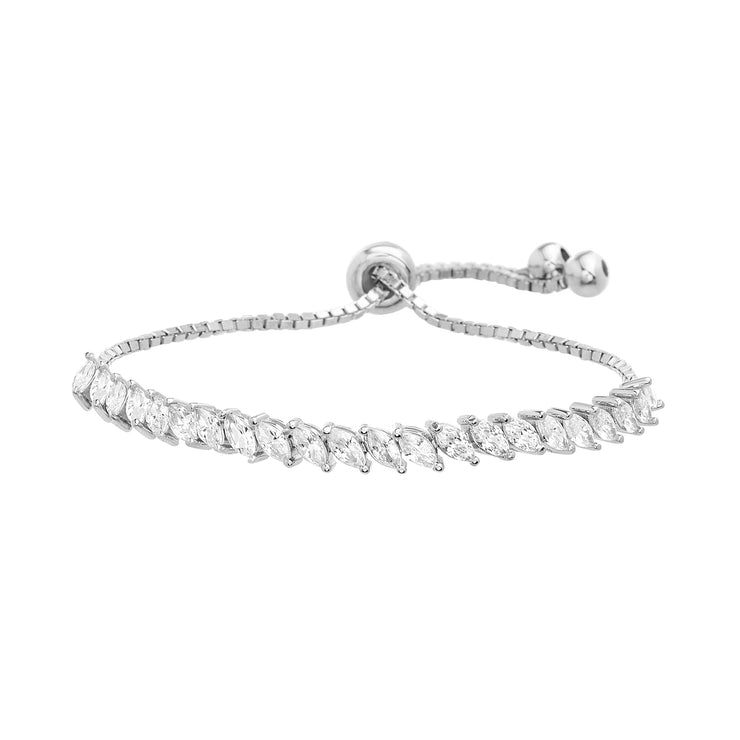 Marquise Cubic Zirconia Adjustable Bolo Tennis Bracelet in Rhodium Plated Sterling Silver