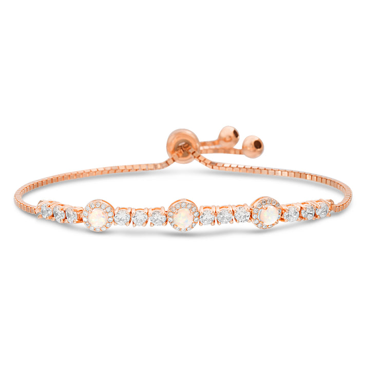 Round Prong Set Laboratory Created Opal and Cubic Zirconia Adjustable Tennis Style Bridal Bracelet for Women in Rose Gold Plated 925 Sterling Silver