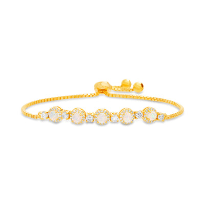 Round Prong Set Laboratory Created Opal and Cubic Zirconia Adjustable Tennis Style Bridal Bracelet for Women in Yellow Gold Plated 925 Sterling Silver