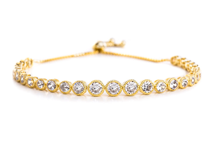 Round Bezel Set Cubic Zirconia Adjustable Antique Style Bridal Tennis Bracelet for Women in Yellow Gold Plated 925 Sterling Silver