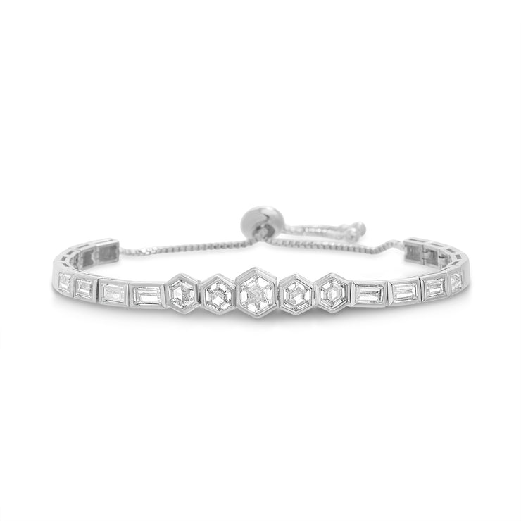 Hexagon Baguette Cubic Zirconia Adjustable Bolo Style Tennis Bracelet in Sterling Silver