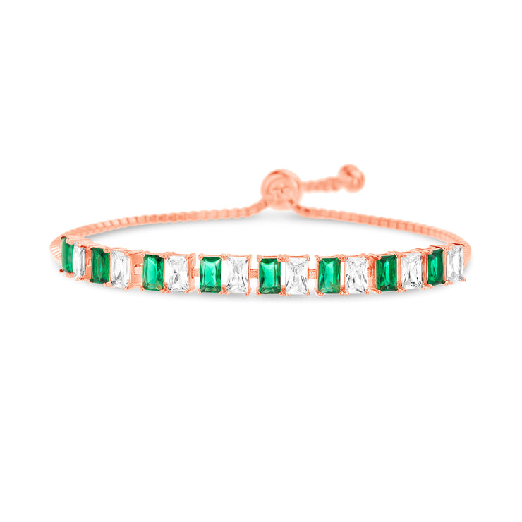 Radiant Cut Prong Set Simulated Emerald and Cubic Zirconia Adjustable Tennis Style Bridal Bracelet for Women in Rose Gold Plated 925 Sterling Silver