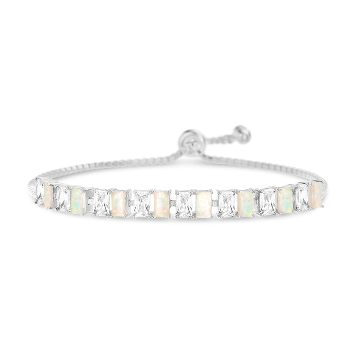 Simulated Emerald, Ruby, Blue Sapphire or LC Opal and CZ Tennis Bracelet in Plated Silver