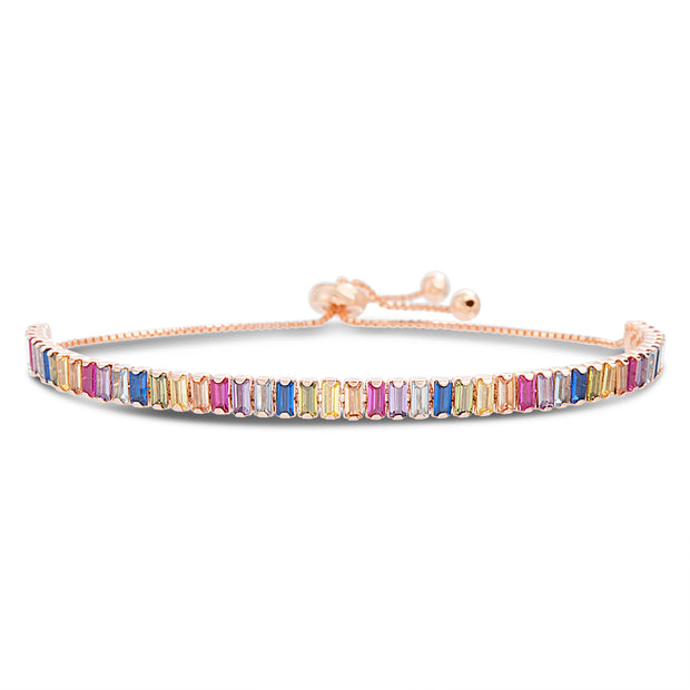 Rainbow Baguette Cubic Zirconia Adjustable Bolo Tennis Bracelet in Sterling Silver