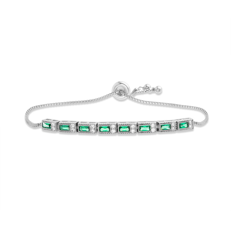 Simulated Emerald and Cubic Zirconia Art Deco Style Adjustable Bolo Tennis Bracelet in Rhodium Plated Sterling Silver