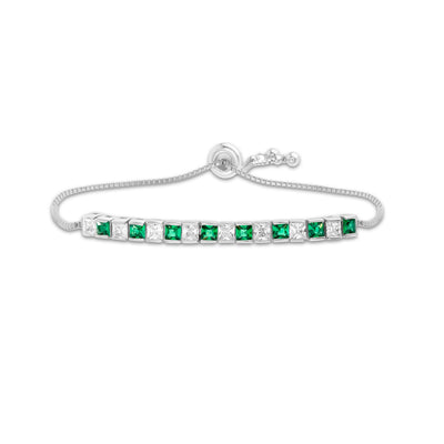 Princess Cut Simulated Emerald and Cubic Zirconia Adjustable Bolo Tennis Bracelet in Rhodium Plated Sterling Silver