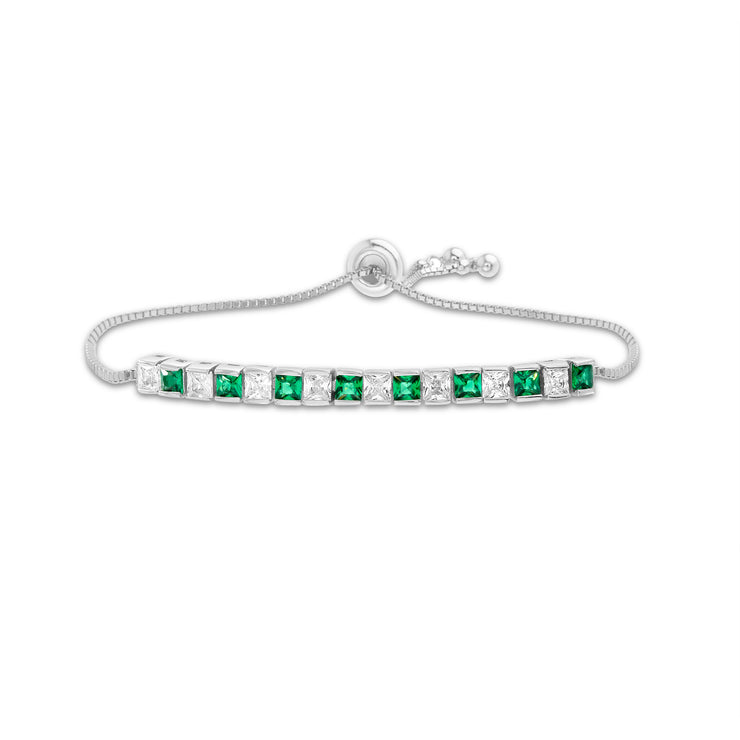 Princess Cut Simulated Emerald and Cubic Zirconia Adjustable Bolo Tennis Bracelet in Rhodium Plated Sterling Silver