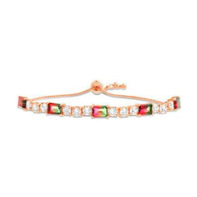 Emerald Cut Prong Set  Simulated  Watermelon Tourmaline and Round Cubic Zirconia Adjustable Bridal Tennis Bracelet in  Rose Gold Plated 925 Sterling Silver