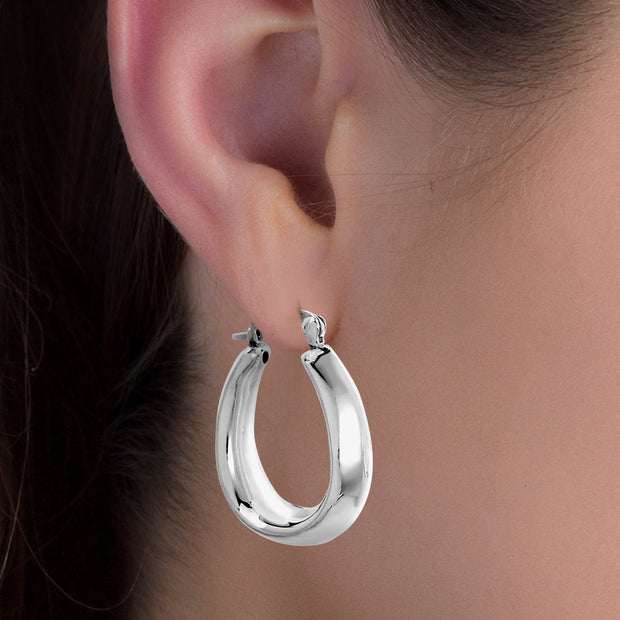 Rhodium Plated Sterling Silver High Polished Tapered Oval Hoop Earrings for Women