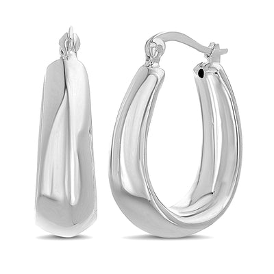 Rhodium Plated Sterling Silver High Polished Tapered Oval Hoop Earrings for Women