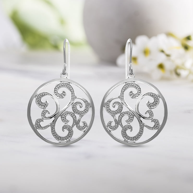 Sterling Silver Textured Swirl Design Circle Dangle Earring with French Wires