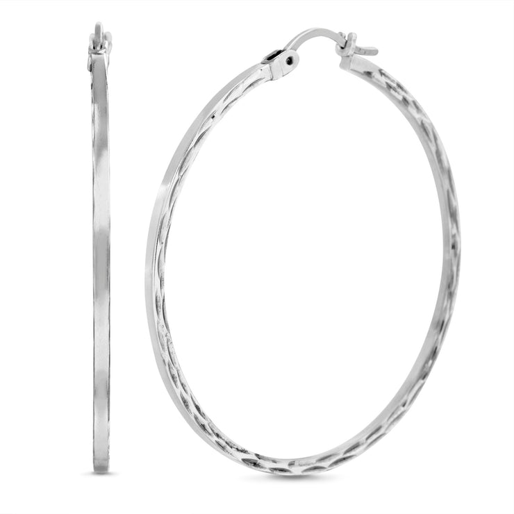 Sterling Silver 40mm Diamond Cut Squared Hoop Earrings