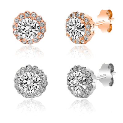 Cubic Zirconia Halo Stud Earrings in Sterling Silver 2-pair Set