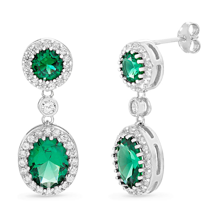 Oval and Round Cut Prong Set Simulated Emerald and Cubic Zirconia Drop Dangle Bridal Halo Earring for Women in Rhodium Plated 925 Sterling Silver