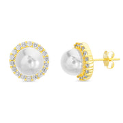 Round Simulated Pearl and Cubic Zirconia Stud Bridal Halo Earring for Women in Yellow Gold Plated 925 Sterling Silver