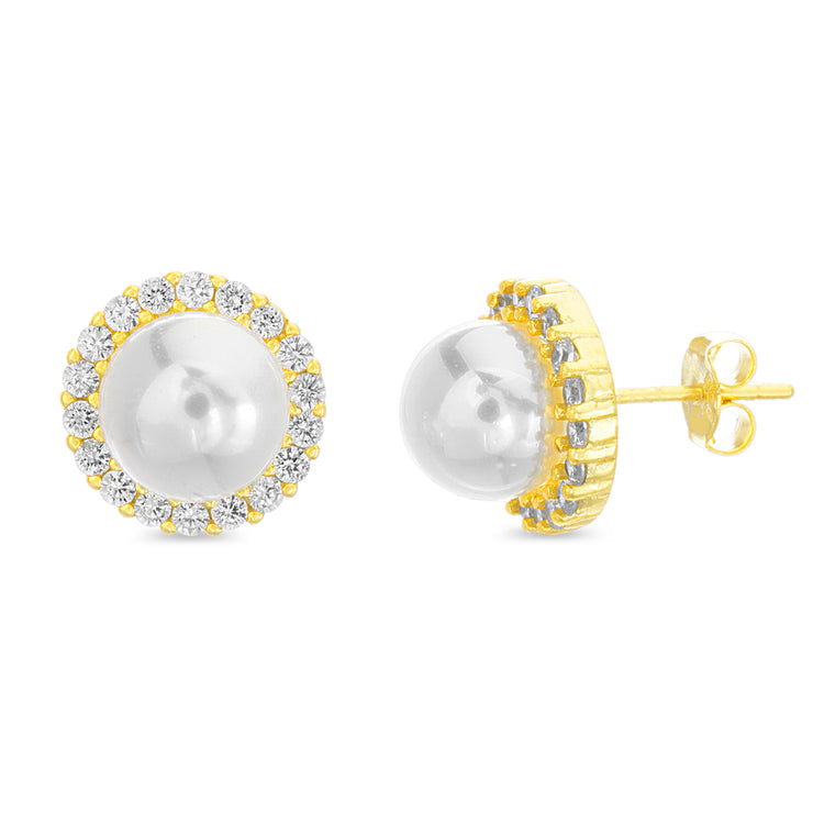 Round Simulated Pearl and Cubic Zirconia Stud Bridal Halo Earring for Women in Yellow Gold Plated 925 Sterling Silver