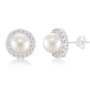 Round Simulated Pearl and Cubic Zirconia Stud  Halo Earring in Yellow Gold or Rhodium Plated Silver