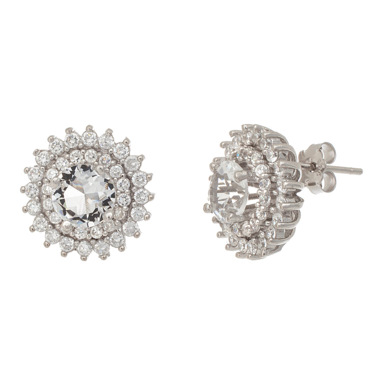 Cubic Zirconia Tiara Halo Stud Earrings in Sterling Silver