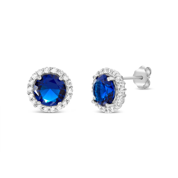 Round Prong Set Simulated Blue Sapphire and Cubic Zirconia Stud Bridal Halo Earring for Women in Rhodium Plated 925 Sterling Silver
