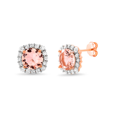 Cushion Shaped Prong Set Simulated Morganite and Cubic Zirconia Stud Bridal Halo Earring for Women in Rose Gold Plated 925 Sterling Silver