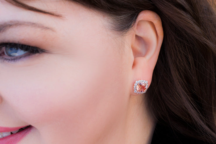 Cushion Shaped Simulated Gemstone or Cubic Zirconia Stud  Halo Earring in Rose Gold Plated Silver