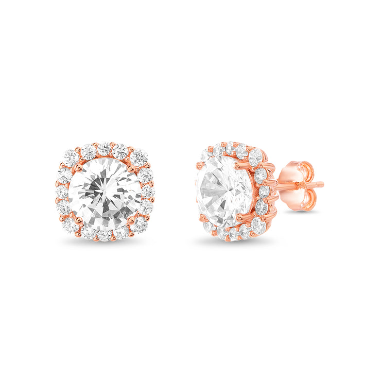 Cushion Shaped Simulated Gemstone or Cubic Zirconia Stud  Halo Earring in Rose Gold Plated Silver