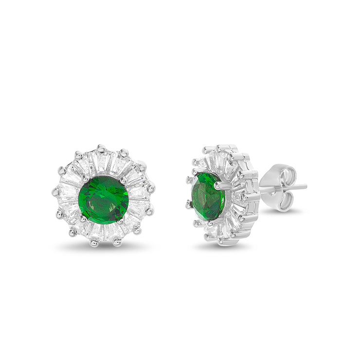 Simulated Emerald and Baguette Cubic Zirconia Halo Stud Earring in Rhodium Plated Sterling Silver