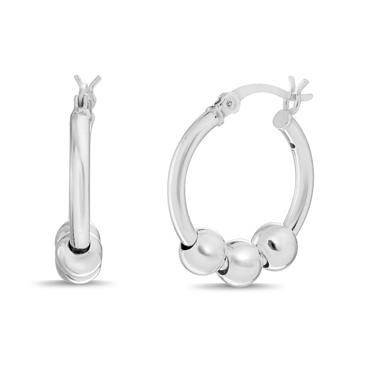 Sterling Silver 17mm Beaded Huggie Hoop Earrings