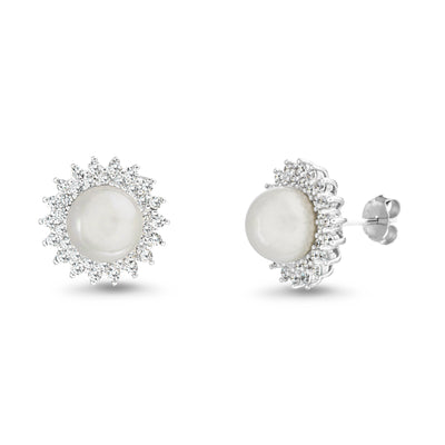 Round Simulated Pearl and Cubic Zirconia Stud Bridal Halo Earring for Women in Rhodium Plated 925 Sterling Silver